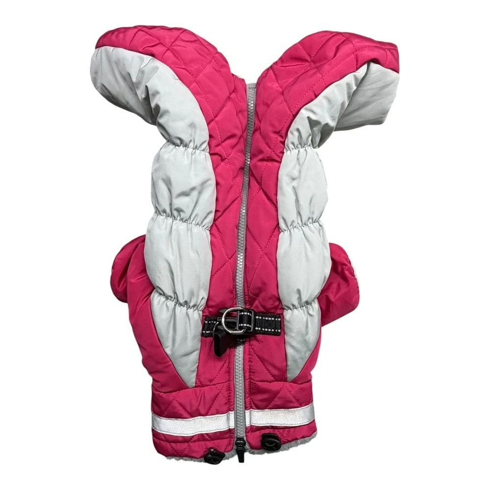 Pink Grey Quilted Puffer Dog Snowsuit Fleece Lined Harness Zip Jumpsuit Medium